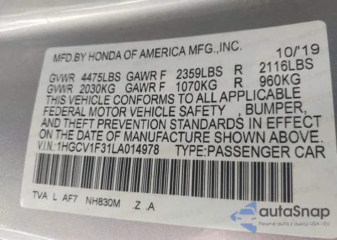 2020 Honda Accord Sport z USA, uszkodzony, nr VIN 1HGCV1F31LA014978